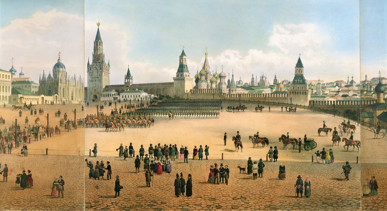Kathedraal van Sint-Basilius gezien vanaf het Kremlin, uit een panorama van Moskou, gegraveerd door Philippe Benoist en Aubrun, ca. 1840 door Dmitri Indieitzeff