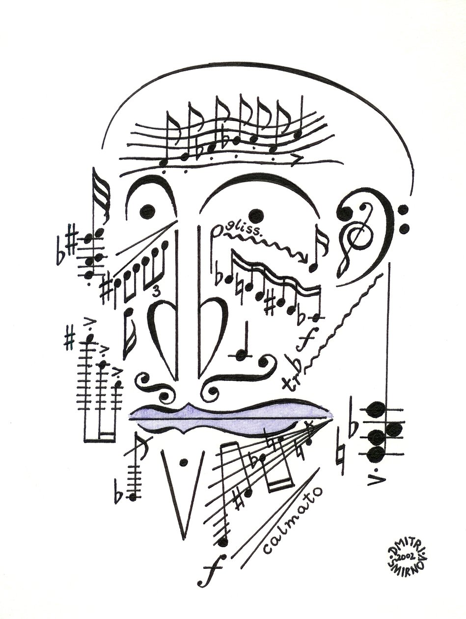 Dr. Musicus - een gezicht getekend met muzieknotatie door Dmitri Smirnov