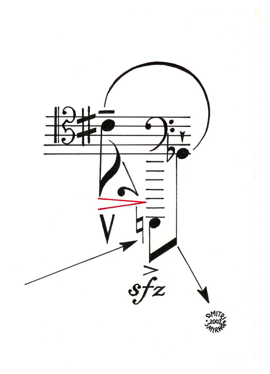 Held - gezicht getekend met muzieknotatie door Dmitri Smirnov