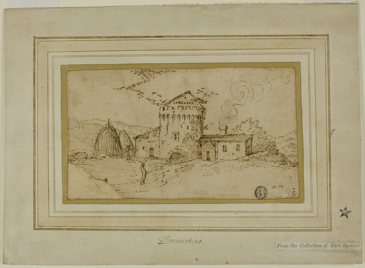 Boerderij met toren en hooibergen door Domenichino