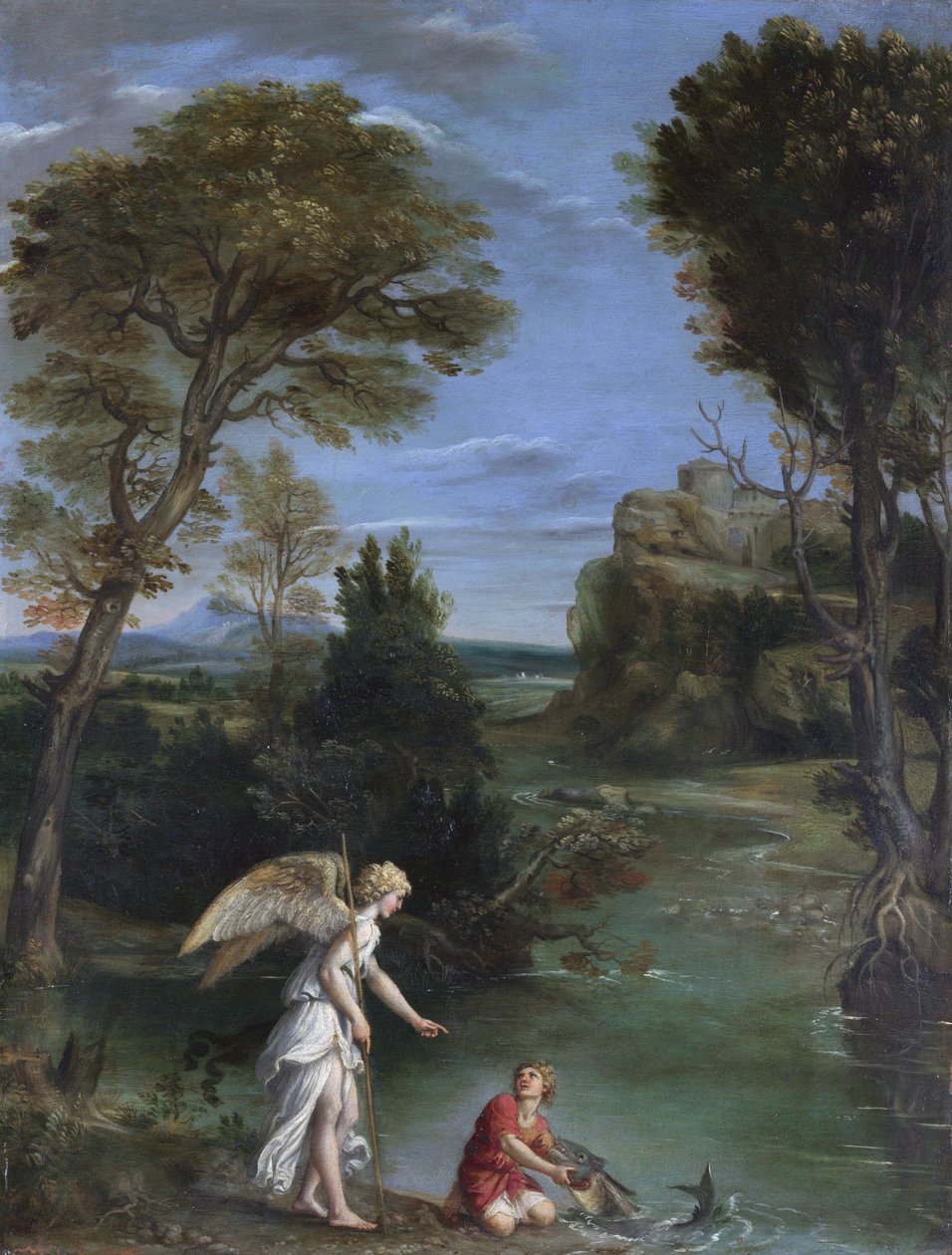 Landschap met Tobias die de vis vasthoudt door Domenichino