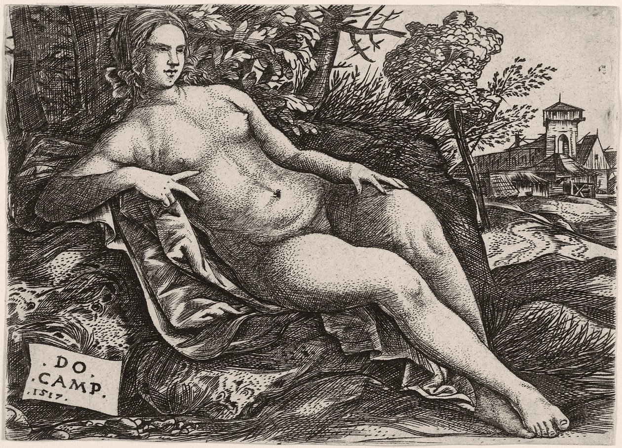 Venus liggend in een landschap, ca. 1517 door Domenico Campagnola