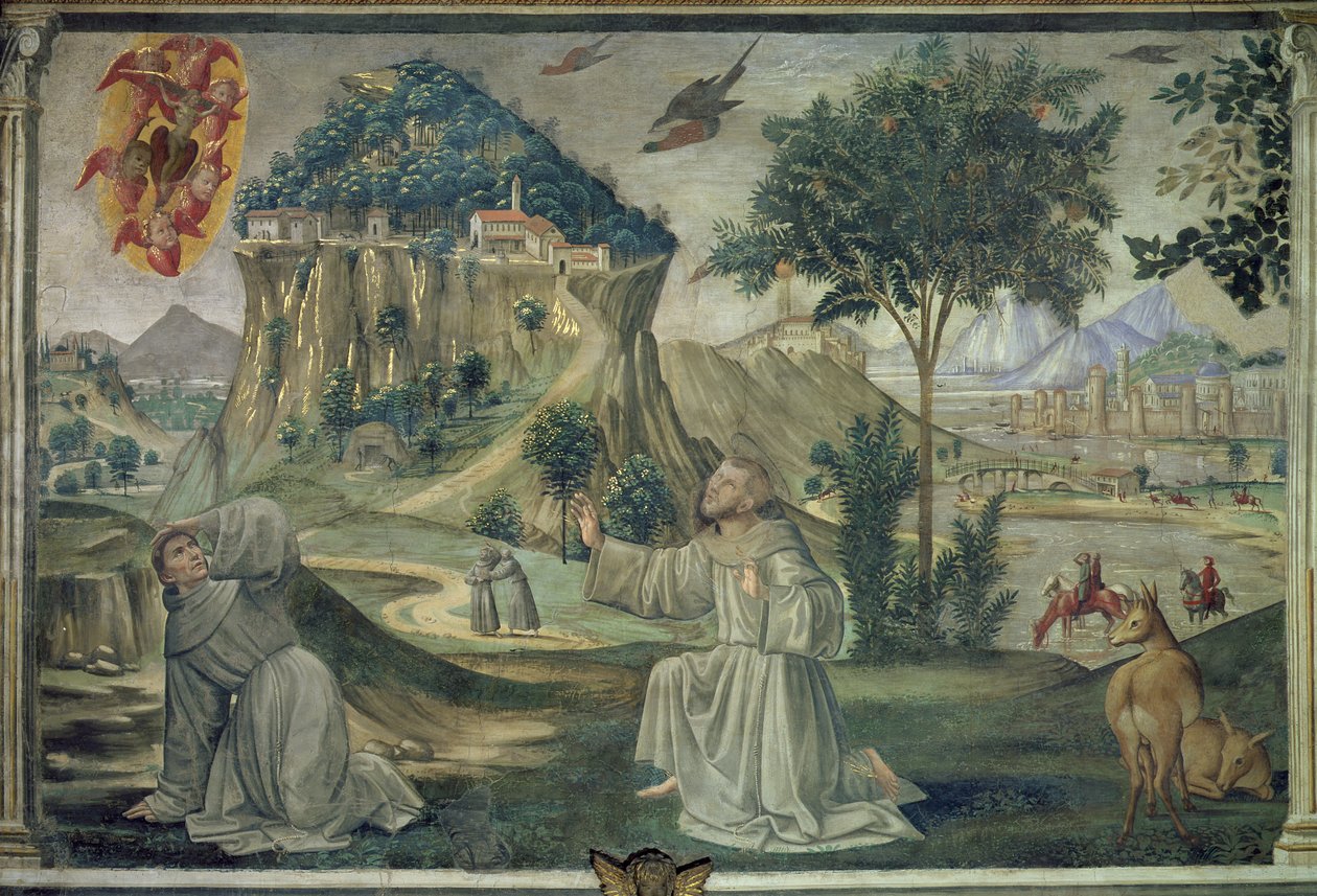 St. Franciscus ontvangt de stigmata, scène uit een cyclus van het Leven van St. Franciscus van Assisi, 1486 door Domenico Ghirlandaio