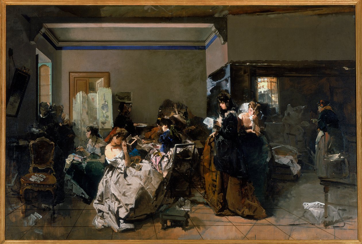 Schilderij van een werkplaats waar enkele jonge naaisters werken, 1858-60 door Domenico Induno