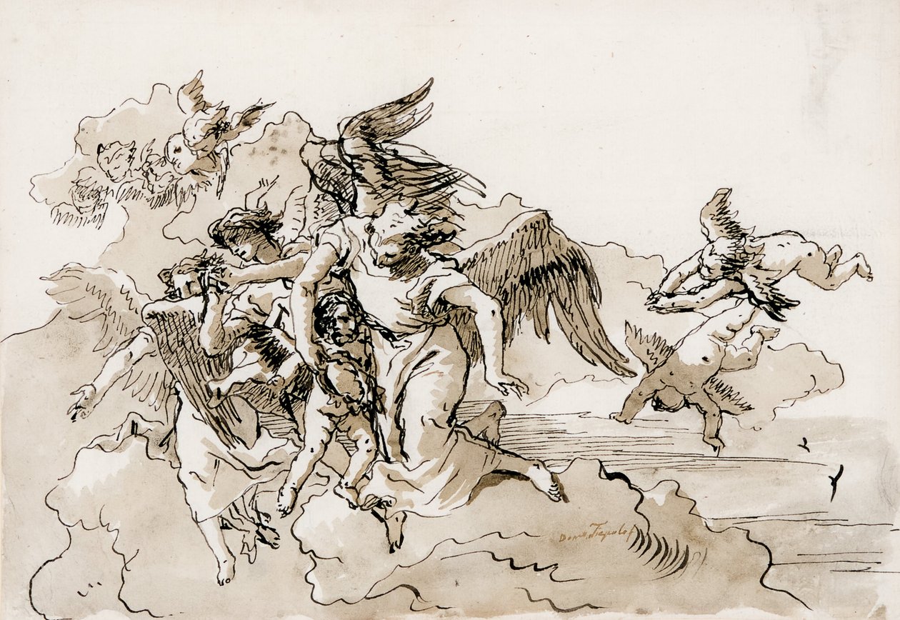 Vliegende engelen en putti door Domenico Tiepolo