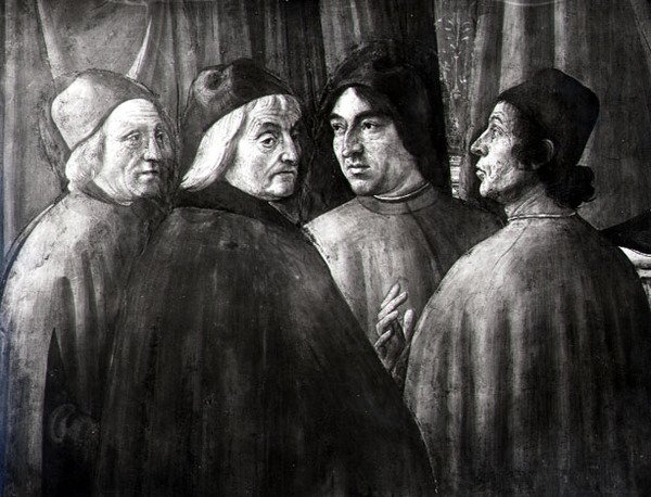 Zacharias in de tempel, detail van mannengroep door Domenico Ghirlandaio