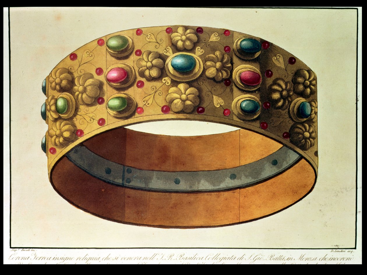 De IJzeren Kroon van Lombardije die Karel de Grote kroonde in 777 en Napoleon in 1805 in de kathedraal van Milaan, gegraveerd door D. Landini (aquatint) door Domenico (after) Landini