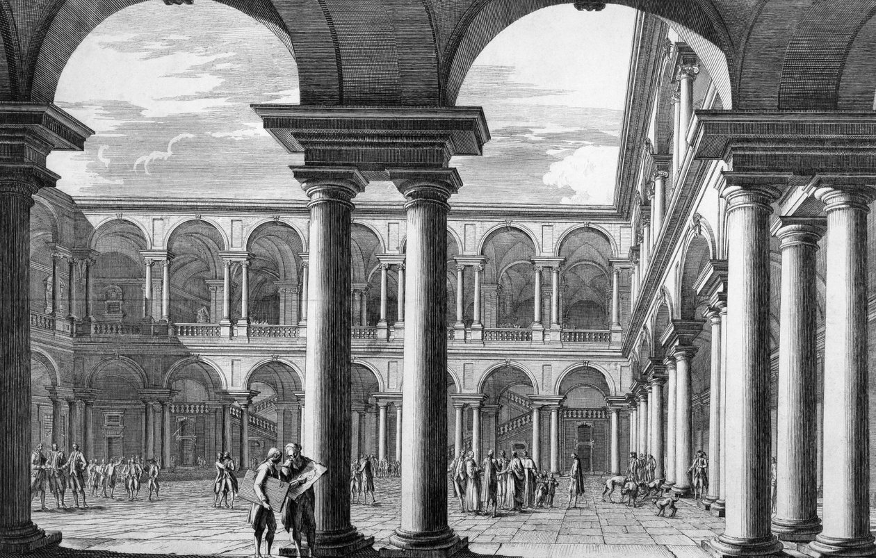 Binnenplaats van het Brera-paleis in Milaan, waarin de Academie voor Schone Kunsten en de Kunstgalerij zijn gehuisvest, ontworpen door architect Francesco Maria Richini (1584-1658), gravure door Domenico Aspari (1745-1831), Italië door Domenico Aspari