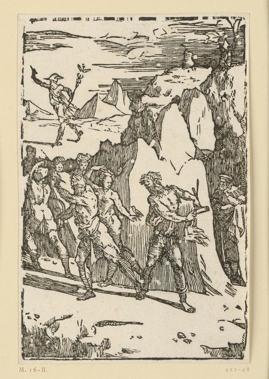 Allegorie van de metaalwinning. De metalen hebben het binnenste van de berg verlaten en slaan op de vlucht wanneer de vulkaan (Hephaistos) hen sommeert hem naar de smederij te volgen. Uit de reeks „De re metallica“. door Domenico Beccafumi