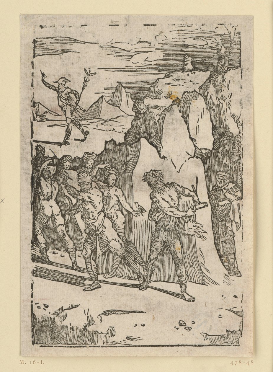Allegorie van de metaalwinning. De metalen hebben het binnenste van de berg verlaten en slaan op de vlucht wanneer de vulkaan (Hephaistos) hen sommeert hem naar de smederij te volgen. Uit de reeks „De re metallica“. door Domenico Beccafumi