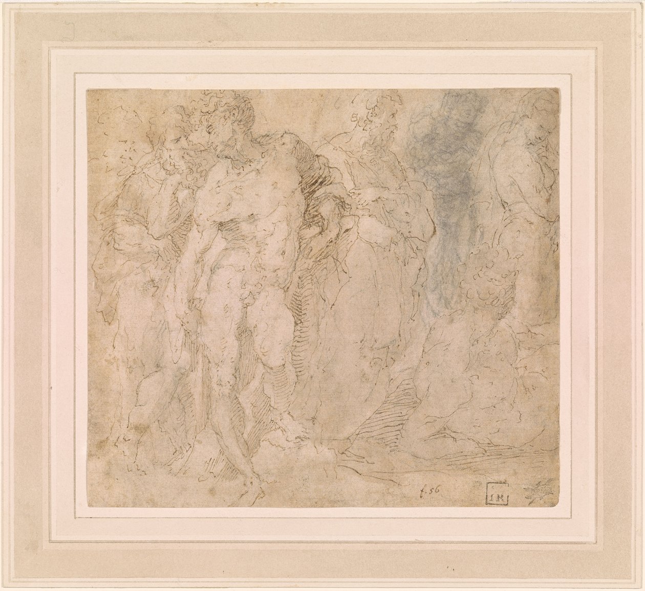 Beccafumi - Staand mannelijk naakt tussen een groep figuren, waarvan één liggend, ca. 1530-1540 door Domenico Beccafumi