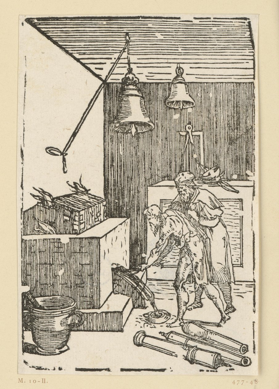 Het gieten van klokken en kanonnen. Uit de reeks „De re metallica“. door Domenico Beccafumi
