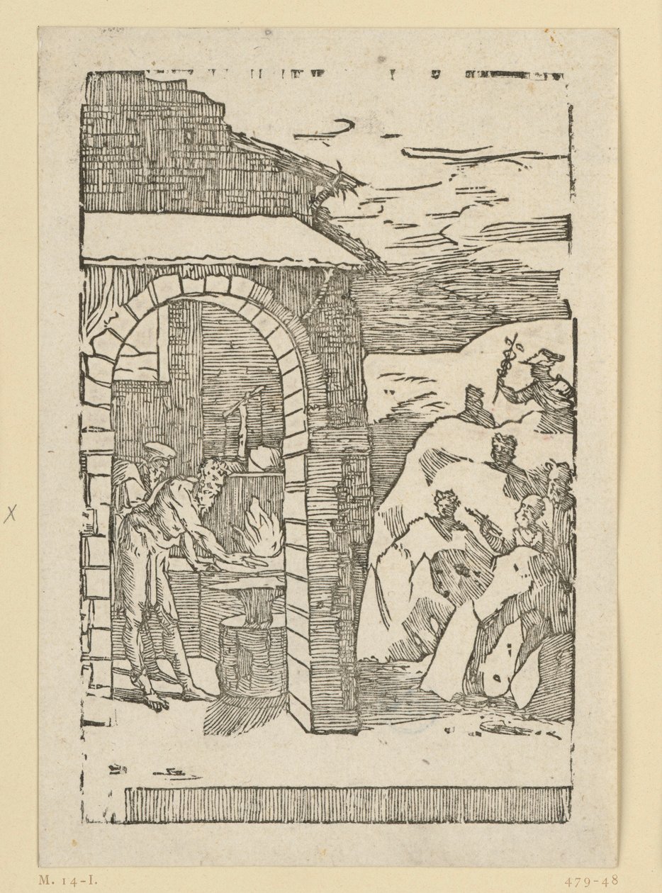 De roep van de metalen. Hephaistos (Vulcanus) en een geleerde staan bij het vuur van een smederij, terwijl buiten in de rotsen de goden (als vertegenwoordigers van de metalen) verborgen zitten: Saturnus (lood), Jupiter (tin), Venus (koper), Luna (zilver),  door Domenico Beccafumi