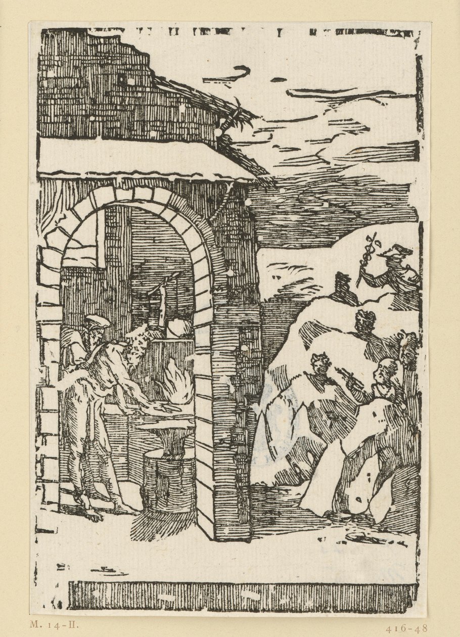 De roep van de metalen. Hephaistos (Vulcanus) en een geleerde staan bij het vuur van een smederij, terwijl buiten in de rotsen de goden (als vertegenwoordigers van de metalen) verborgen zitten: Saturnus (lood), Jupiter (tin), Venus (koper), Luna (zilver),  door Domenico Beccafumi
