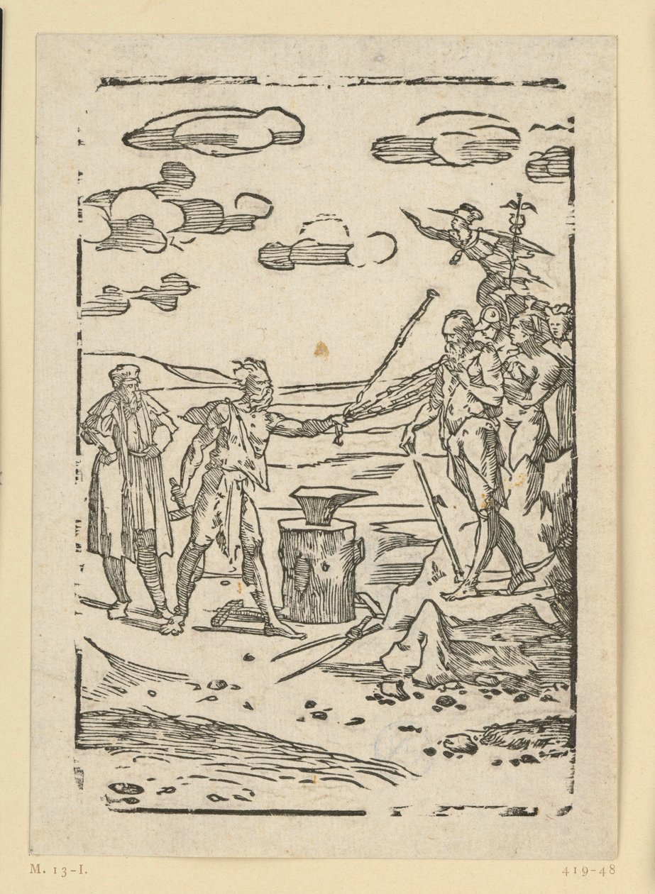 De metalen moeten worden gesmeed. Hephaistos (Vulcanus) brengt de metalen naar het aambeeld. Uit de aflevering „De re metallica“. door Domenico Beccafumi