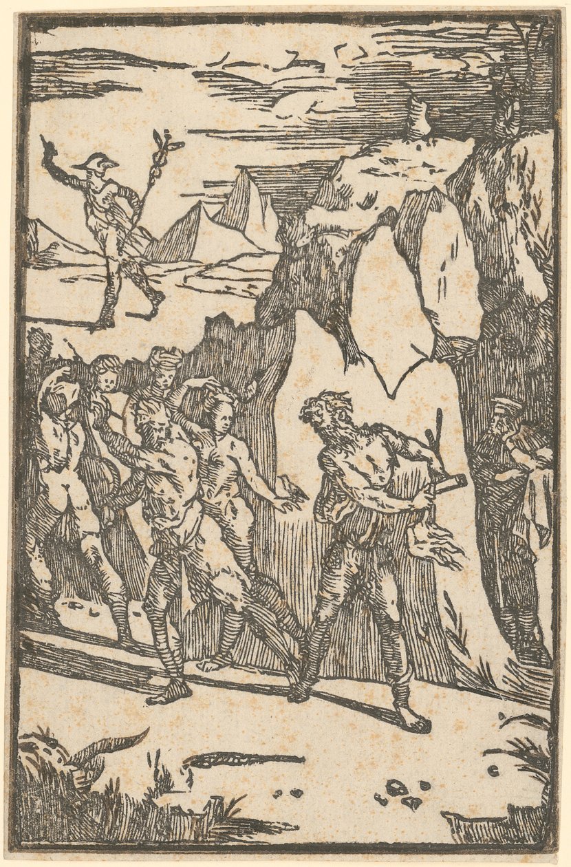 Metalen vluchten wanneer de vulkaan probeert ze uit de rotsen los te maken, blad 3 van de reeks „De la Pirotechnia“ door Domenico Beccafumi