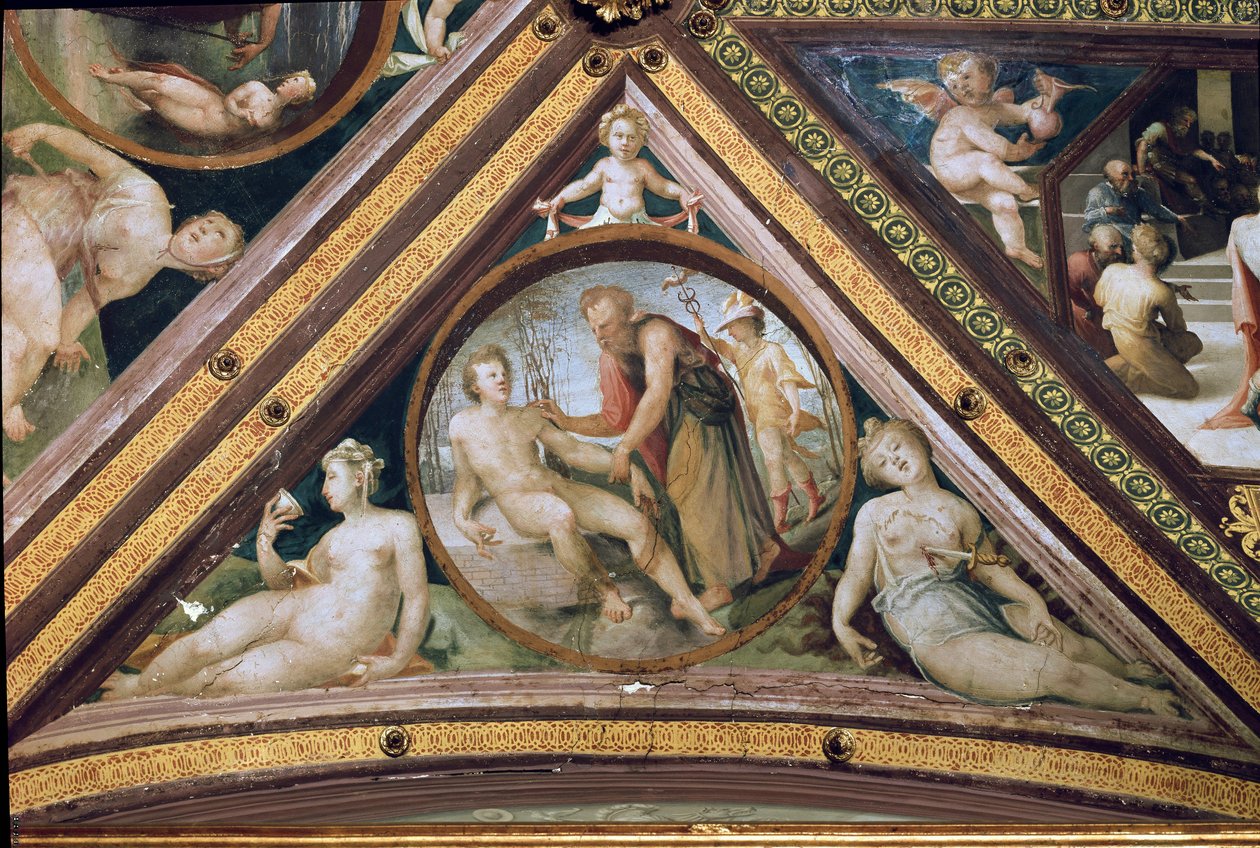 Prometheus creëert de mens onder het toeziend oog van Mercurius met een helm en gevleugelde sandalen door Domenico Beccafumi