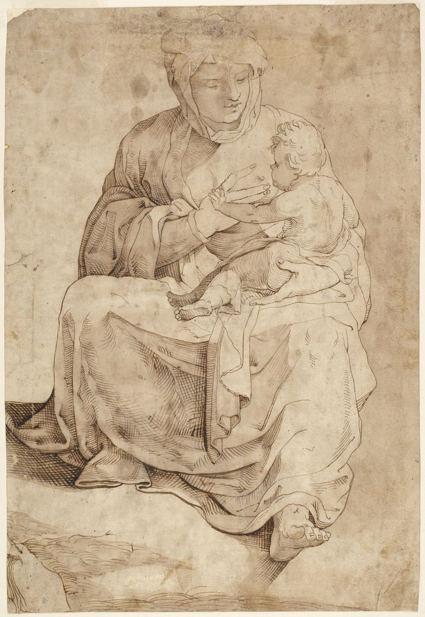 Zittende Madonna die het Kind de borst geeft, afbeelding afkomstig van een ingelegd vloerpaneel in de Dom van Siena door Domenico Beccafumi