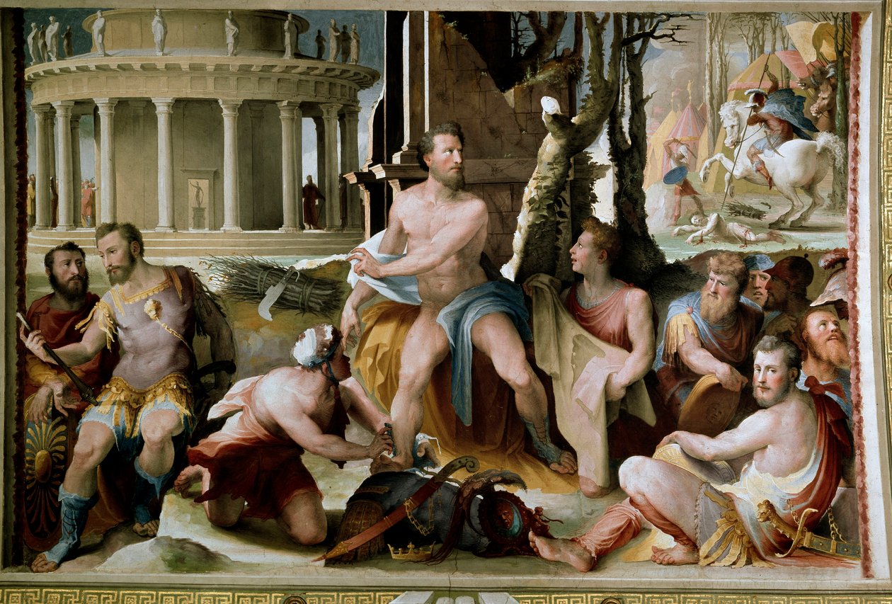 Het offer van Codros, koning van Athene In de oorlog tegen de Doriërs, stierf de laatste legendarische koning van Athene Codros (Codrus of Kodros) na te hebben vernomen van een orakel dat de overwinning zou komen aan het volk wiens leider zou worden gedood door Domenico Beccafumi