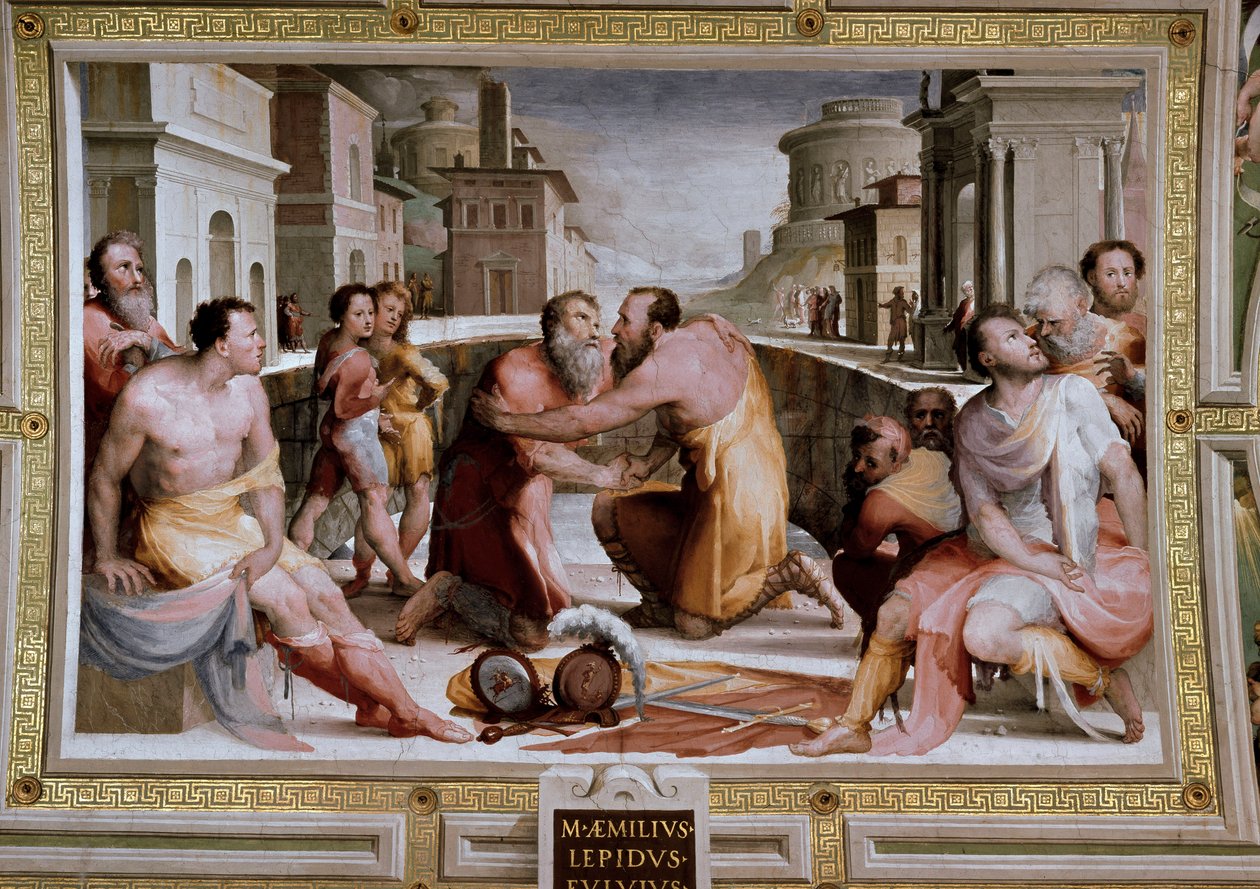 De verzoening van de Romeinse consul Marcus Fulvius Flaccus en Marcus Aemilius Lepidus rond 126 v.Chr. door Domenico Beccafumi