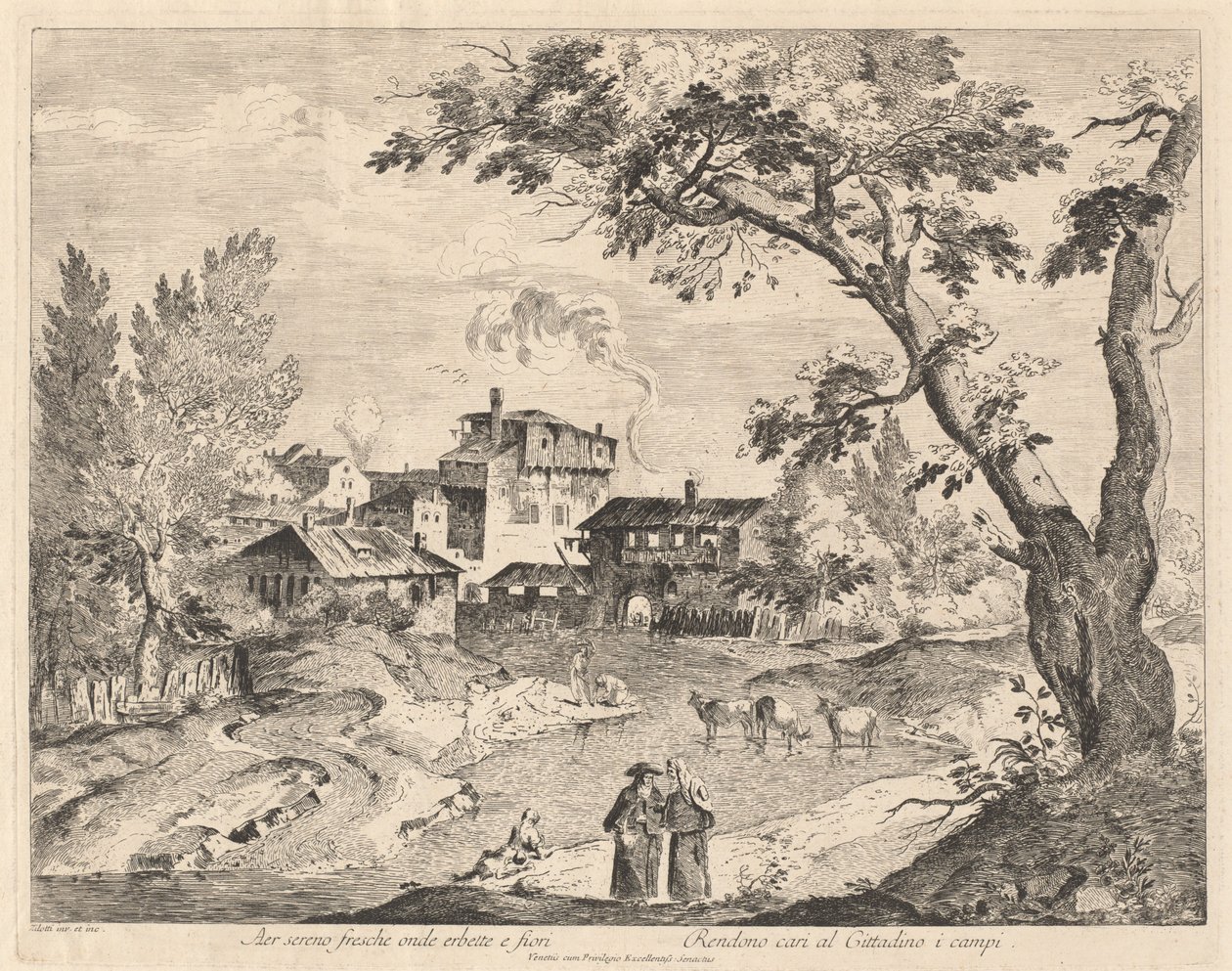 Landelijk dorp langs een rivier met reizigers door Domenico Bernardo Zilotti