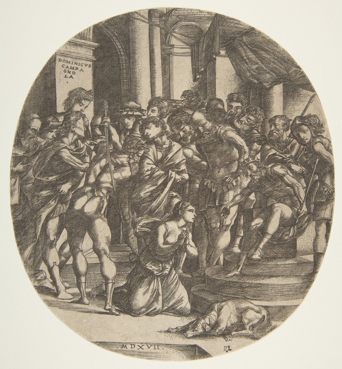 Vrouwelijke figuur Sint Catharina knielend op de grond in het midden smekend tot een mannelijke figuur, 1517 door Domenico Campagnola
