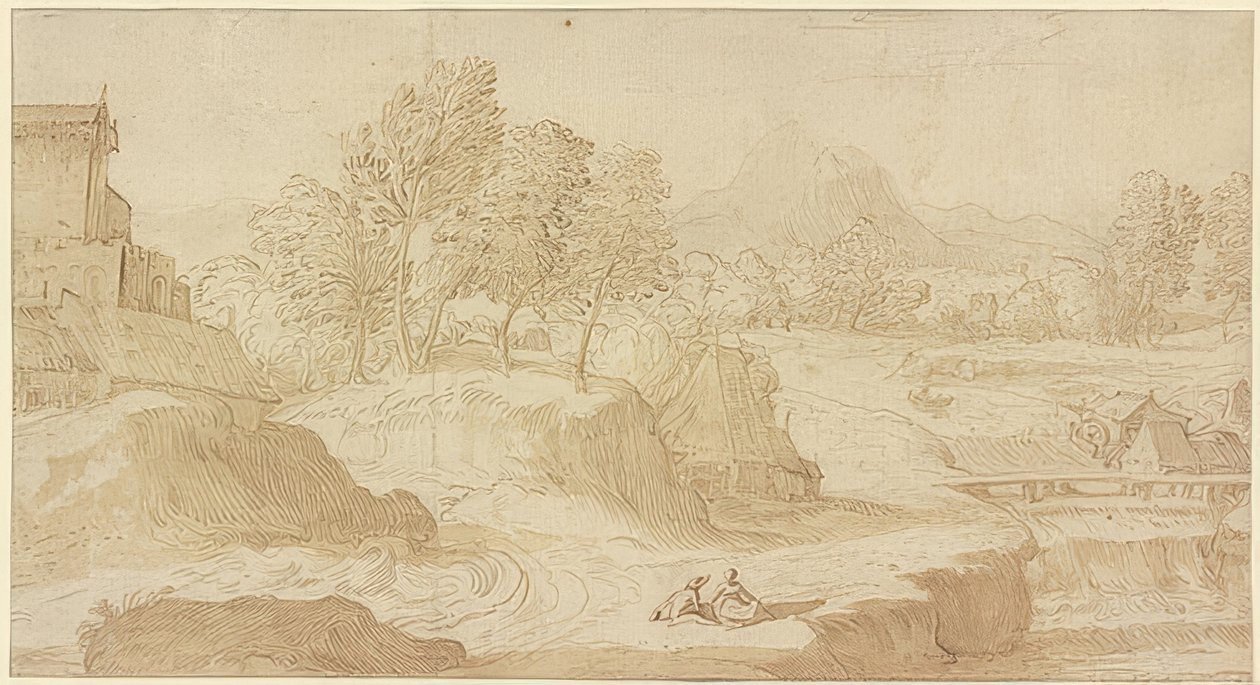 Figuratief landschap, rechts een rivier met een brug bij molens, vooraan twee zittende figuren door Domenico Campagnola