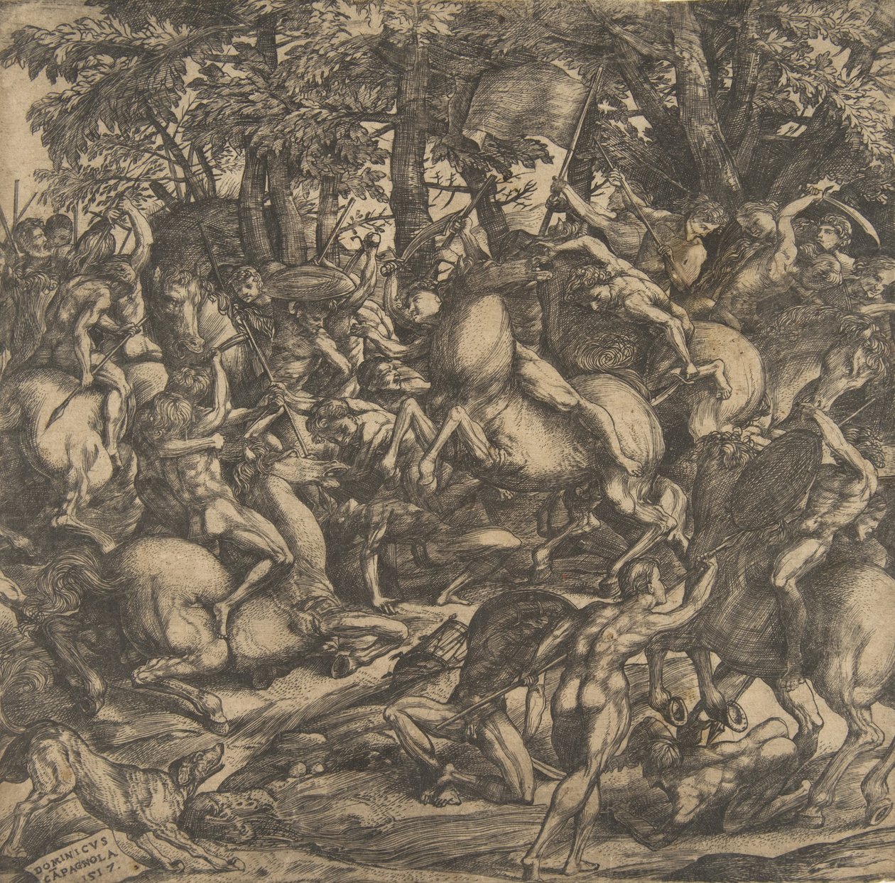 Groep naakte mannen in gevecht in een boslandschap, sommigen te paard, een hond erbij, 1517 door Domenico Campagnola