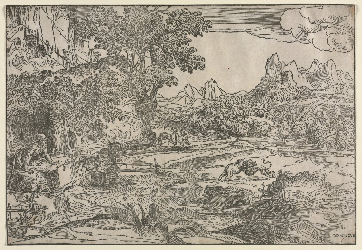 Landschap met Sint Hiëronymus en Twee Leeuwen, ca. 1530-35 door Domenico Campagnola