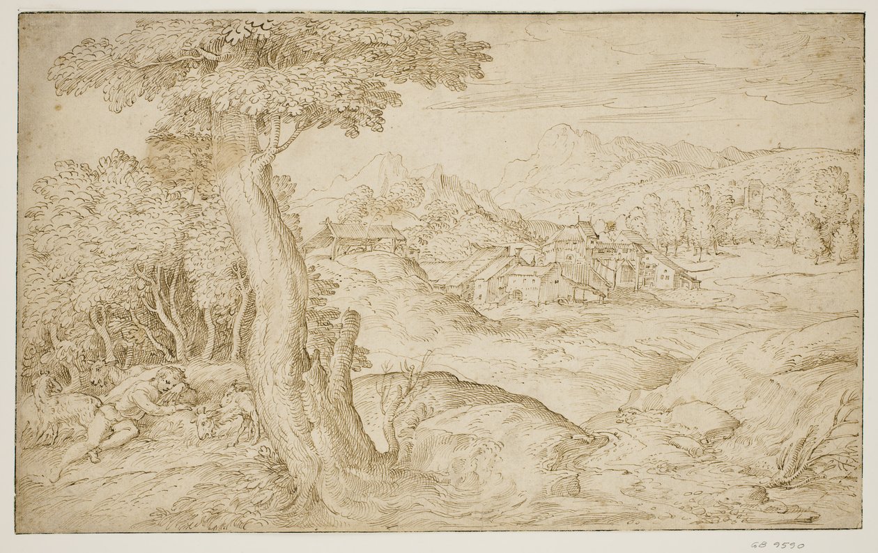 Landschap met een stad en een slapende herder door Domenico Campagnola