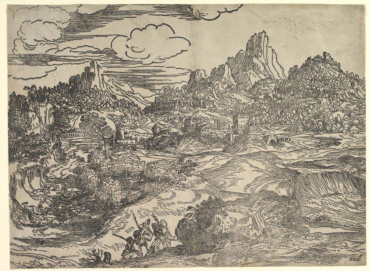 Landschap met Familie die Samen Wandelt op de Voorgrond, links twee Figuren met door Domenico Campagnola