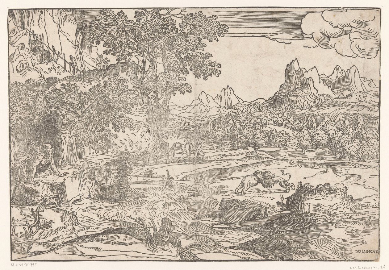 Landschap met Hieronymus en twee leeuwen door Domenico Campagnola