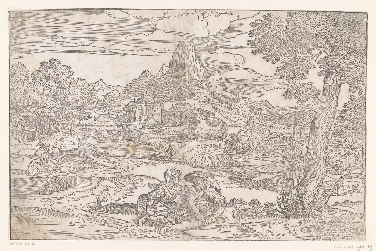 Landschap met koppel met een draailier door Domenico Campagnola