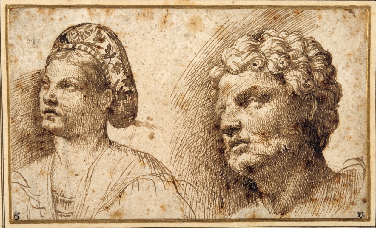Studie van het hoofd en de schouders van een jonge vrouw met een balza, en van het hoofd van een bebaarde man door Domenico Campagnola