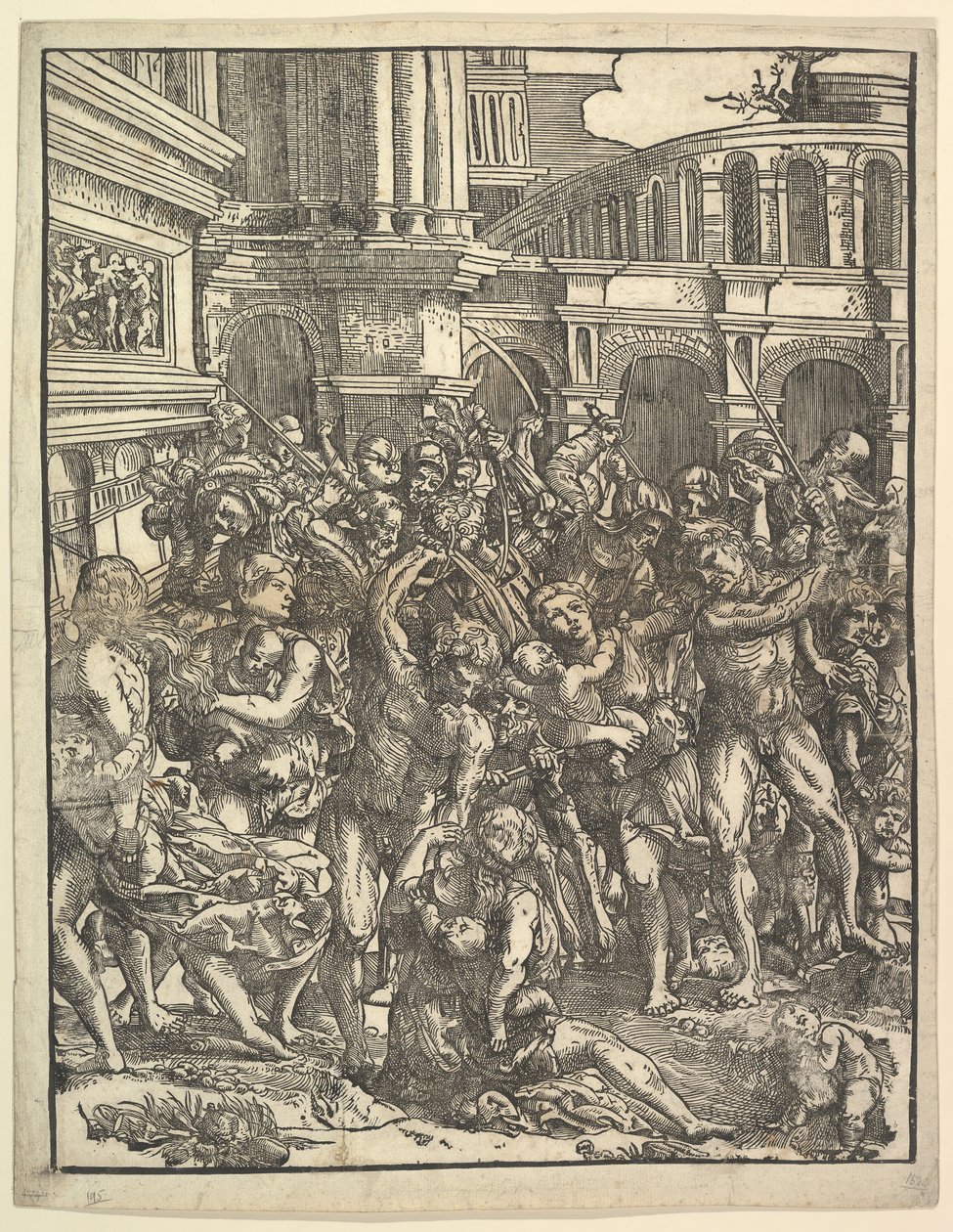 De Slachting van de Onschuldigen Rechterkant met groep mannelijke figuren die vrouwen aanvallen door Domenico Campagnola