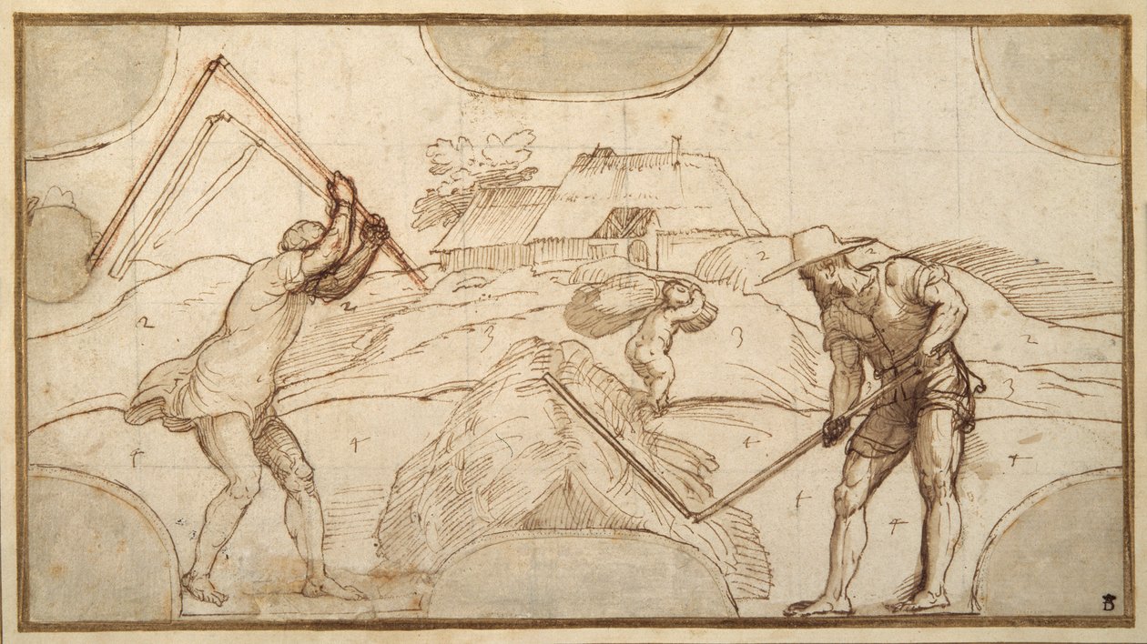 Twee boeren die dorsen door Domenico Campagnola