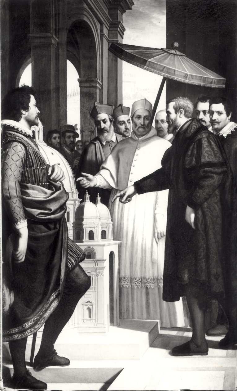 Michelangelo presenteert een model van de koepel van de Sint-Pietersbasiliek aan paus Paulus IV door Domenico Cresti