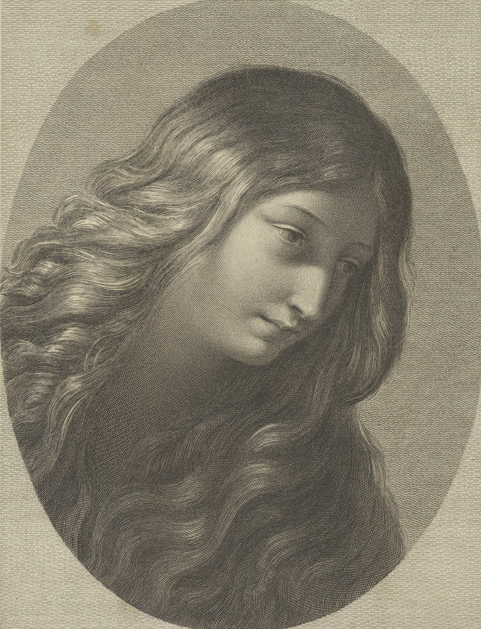 Het hoofd van Maria Magdalena, naar beneden kijkend naar rechts, in een ovaal kader, naar Ren... door Domenico Cunego