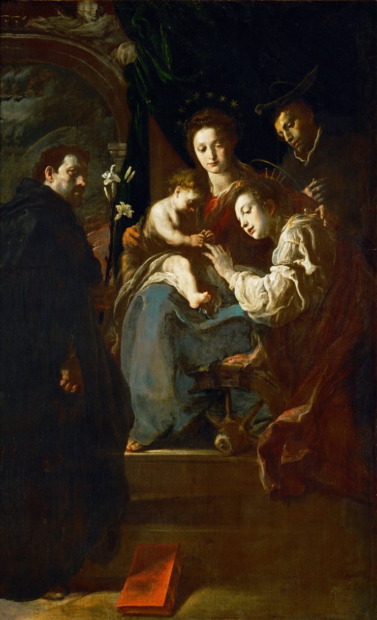 Het mystieke huwelijk van Sint-Catharina met Sint-Dominicus en Sint-Pieter Martelaar door Domenico Fetti or Feti