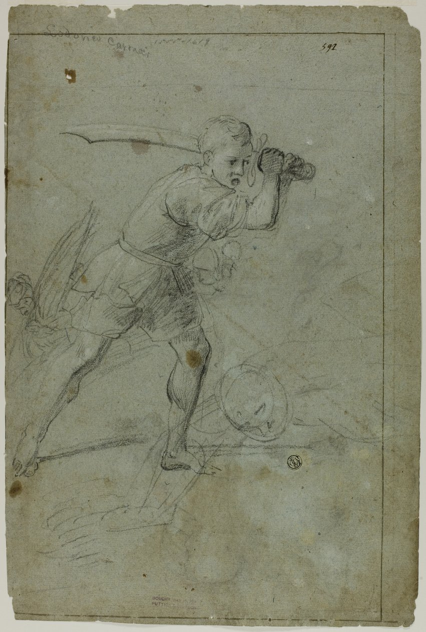 David onthoofdt Goliath (recto); Schets van gedrapeerde vrouwelijke figuur met rechterarm boven het hoofd (verso) door Domenico Fiasella
