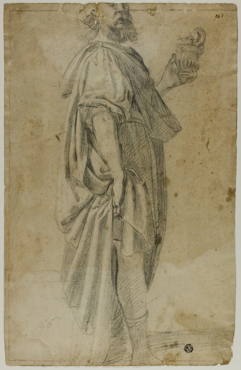 Staande magiër (recto); Schets van stal en bomen (verso) door Domenico Fiasella