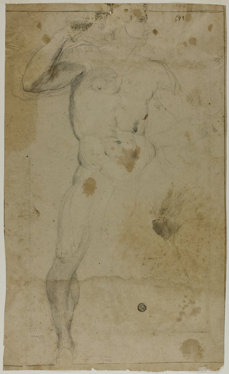 Staande Mannelijke Naakt (recto); Twee Halflange Mannelijke Figuren, Een met Opgeheven Arm, de Ander Biddend (verso) door Domenico Fiasella
