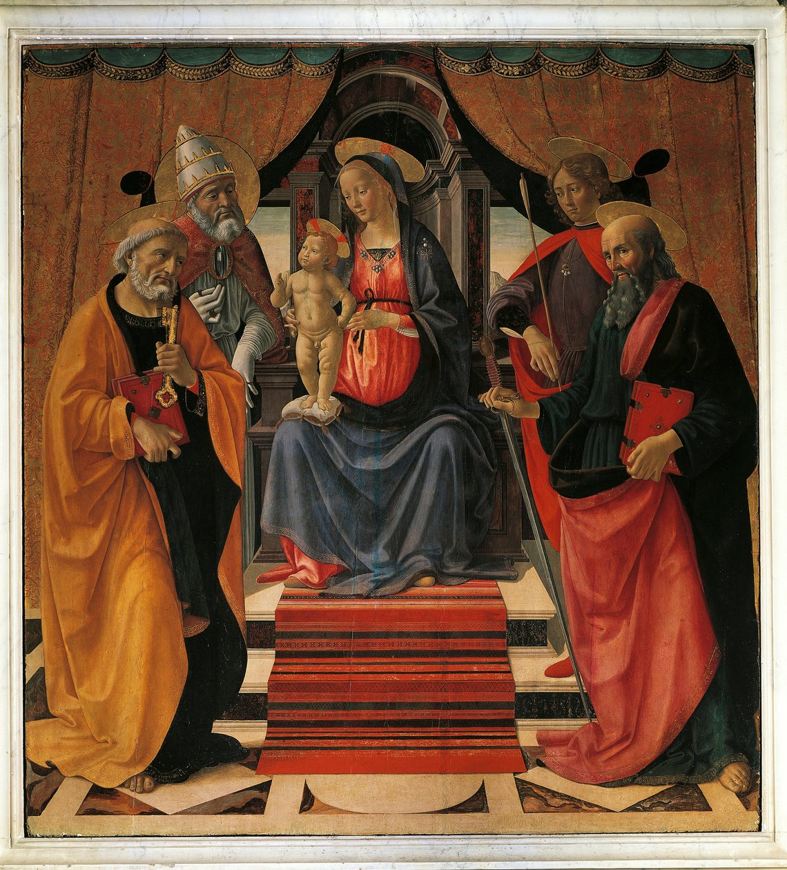 Heilige Conversatie. De Maagd Maria en Jezus Christus omringd door St. Peter, St. Paul, St. Sebastian en Paus St. Clement door Domenico Ghirlandaio
