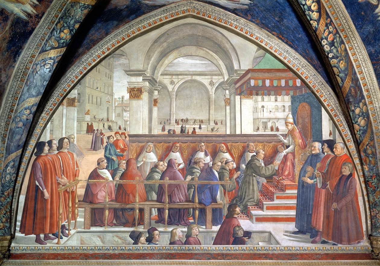 St. Franciscus ontvangt de regel van de orde van paus Honorius, scène uit een cyclus van het leven van St. Franciscus van Assisi door Domenico Ghirlandaio