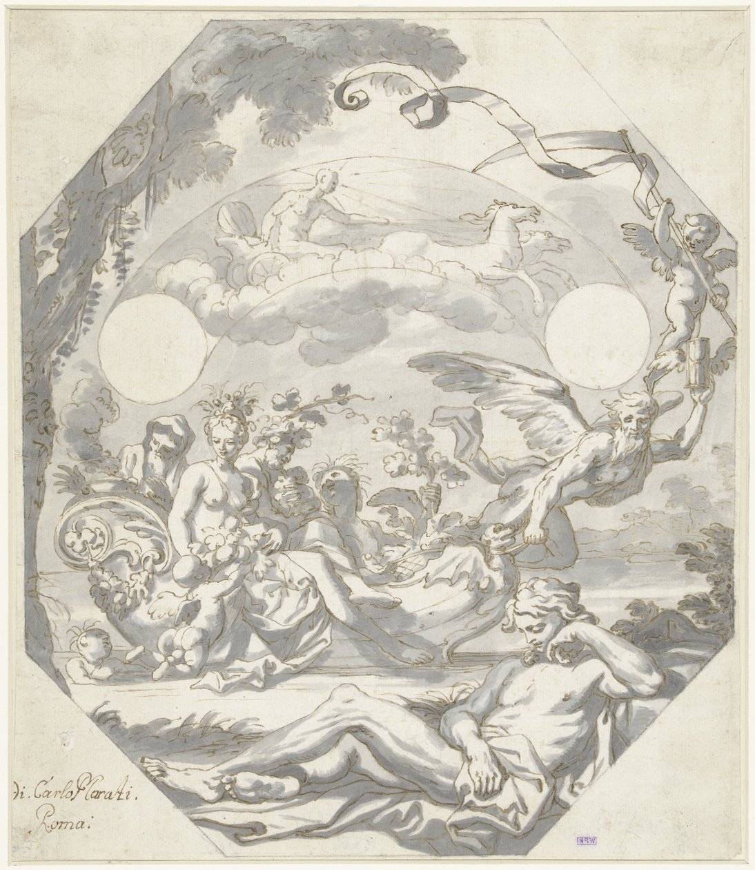 Ontwerp voor een wijzerplaat met een mythologische allegorie door Domenico I Piola (attributed to)