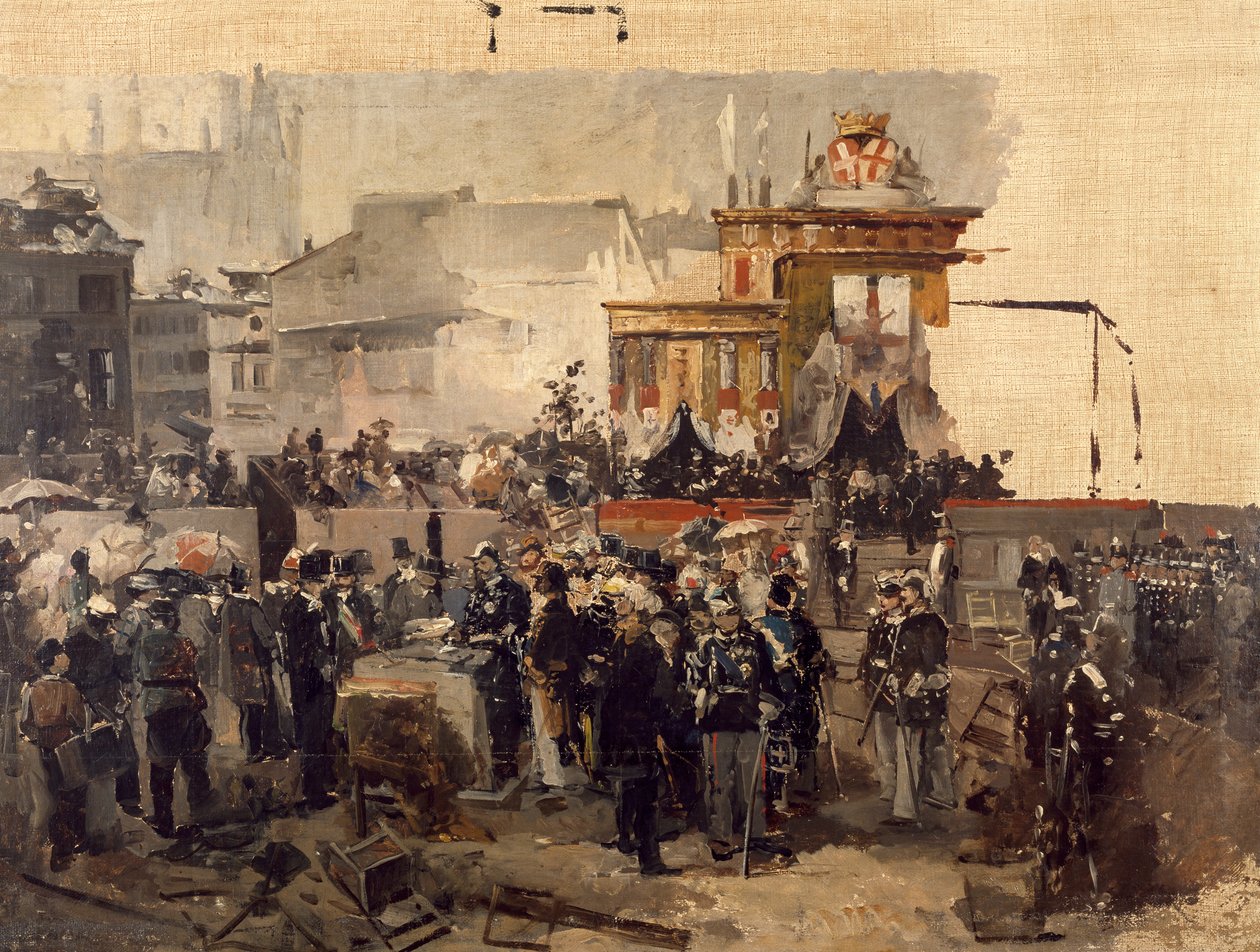 Het leggen van de eerste steen van de Galleria Victor Emmanuel II in Milaan, 7 maart door Domenico Induno