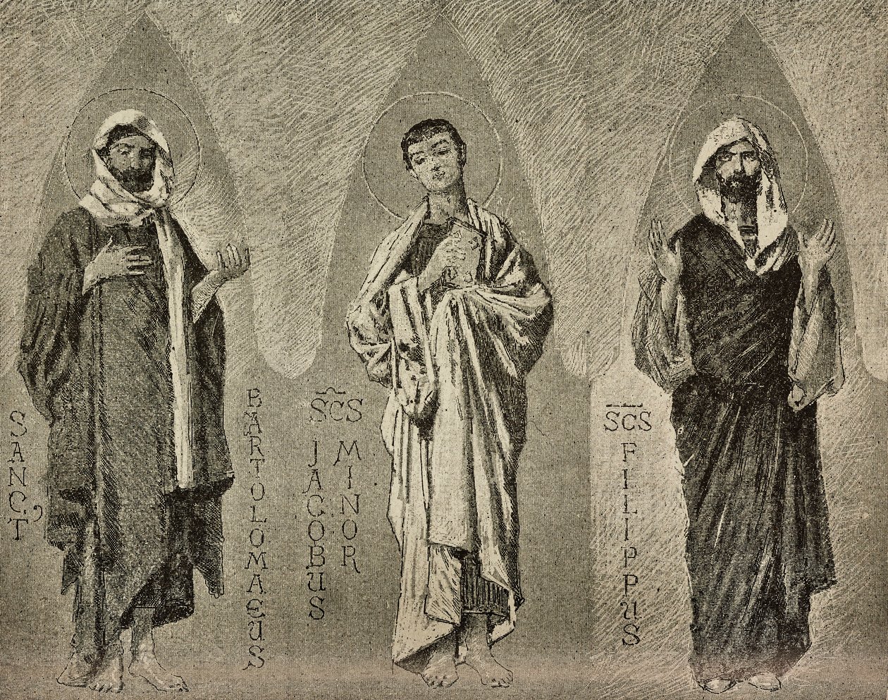 Heiligen Bartholomeus, Jakobus de Mindere en Filippus, cartoons voor mozaïek in de kathedraal van Amalfi door Domenico Morelli