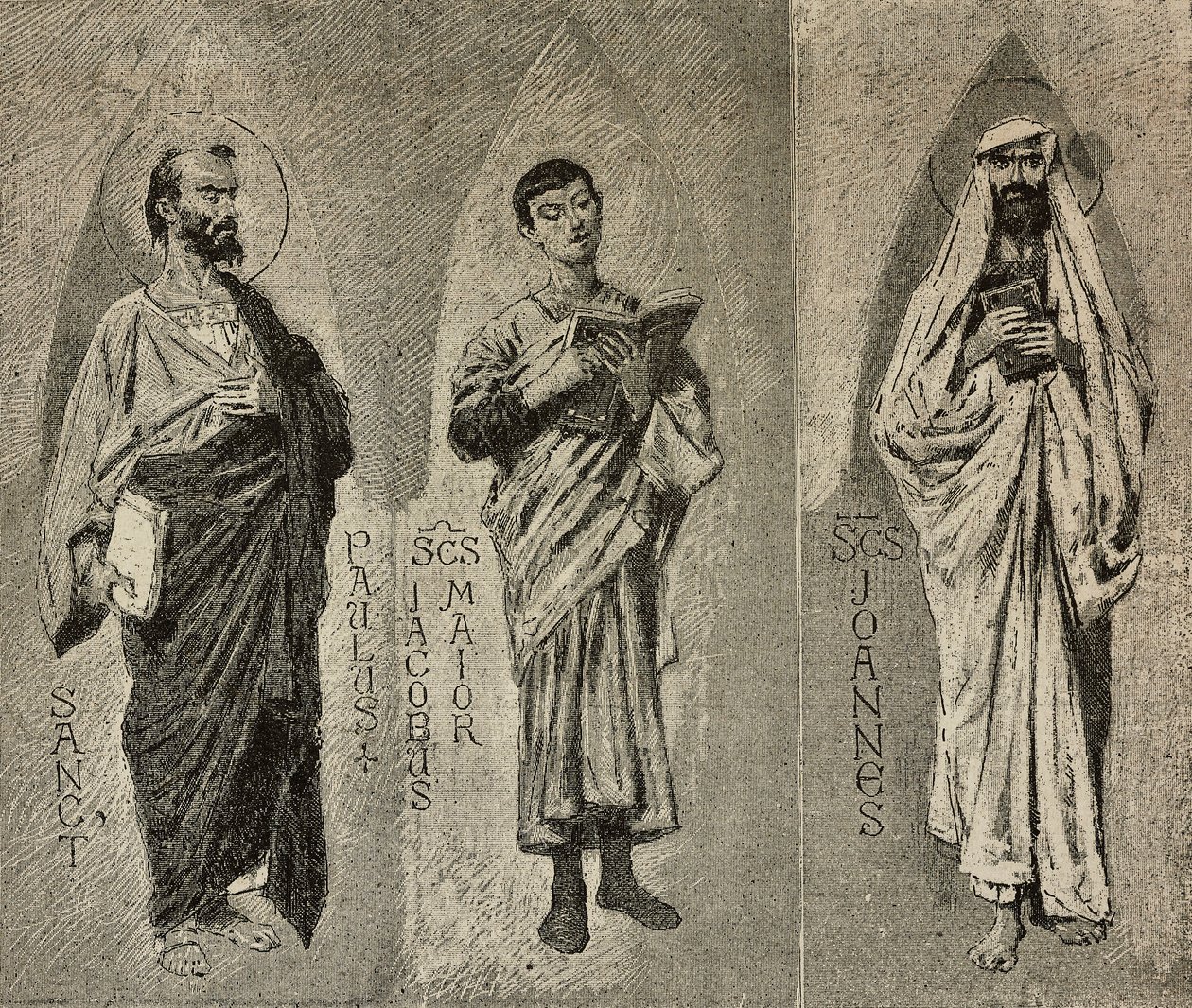 Sint Paulus, Jacobus de Meerdere en Johannes, cartoons door Domenico Morelli voor het mozaïek van de kathedraal van Amalfi, Italië door Domenico Morelli