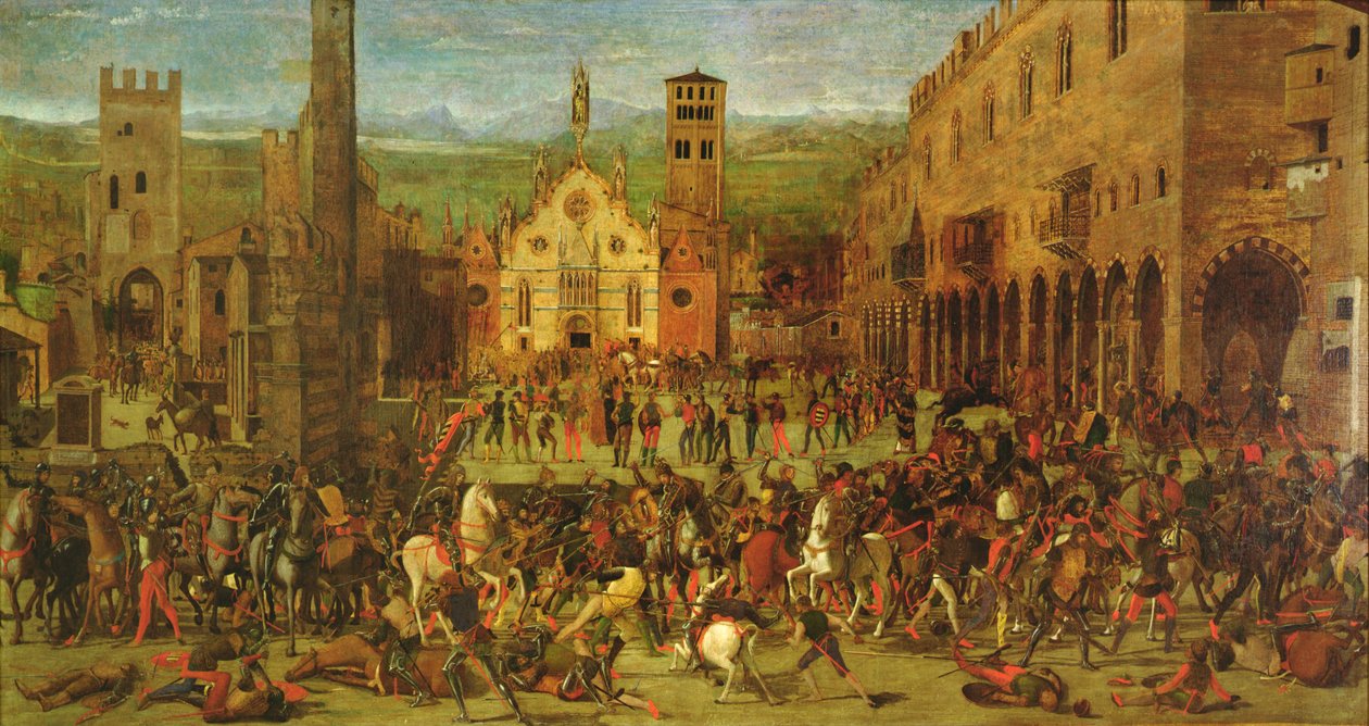Verdrijving van de Bonacolsi door Louis Gonzaga in 1328, op Piazza Sordello, Mantua door Domenico Morone
