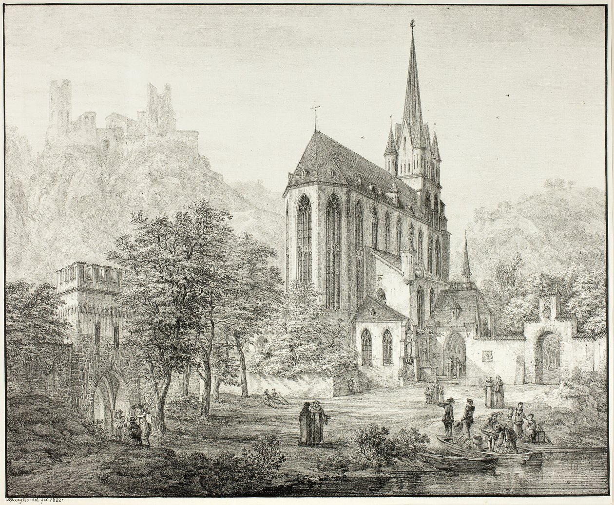 Collegiale Kerk van Onze-Lieve-Vrouw, met Kasteel Schoenberg in Oberwesel aan de Rijn door Domenico Quaglio